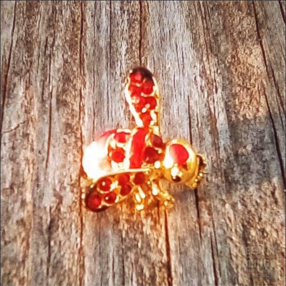Vintage Red Enamel Bee Brooch Gold Rhinestone Insect Pin | Bundle Deal Available
